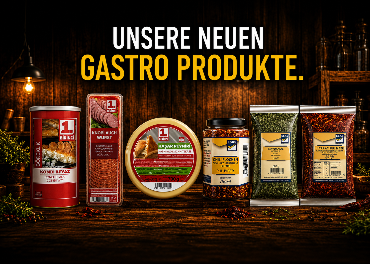 Werbebanner mit neuen Gastro-Produkten in hochwertiger Premium-Optik für Gastronomie, Imbiss und Großhandel.