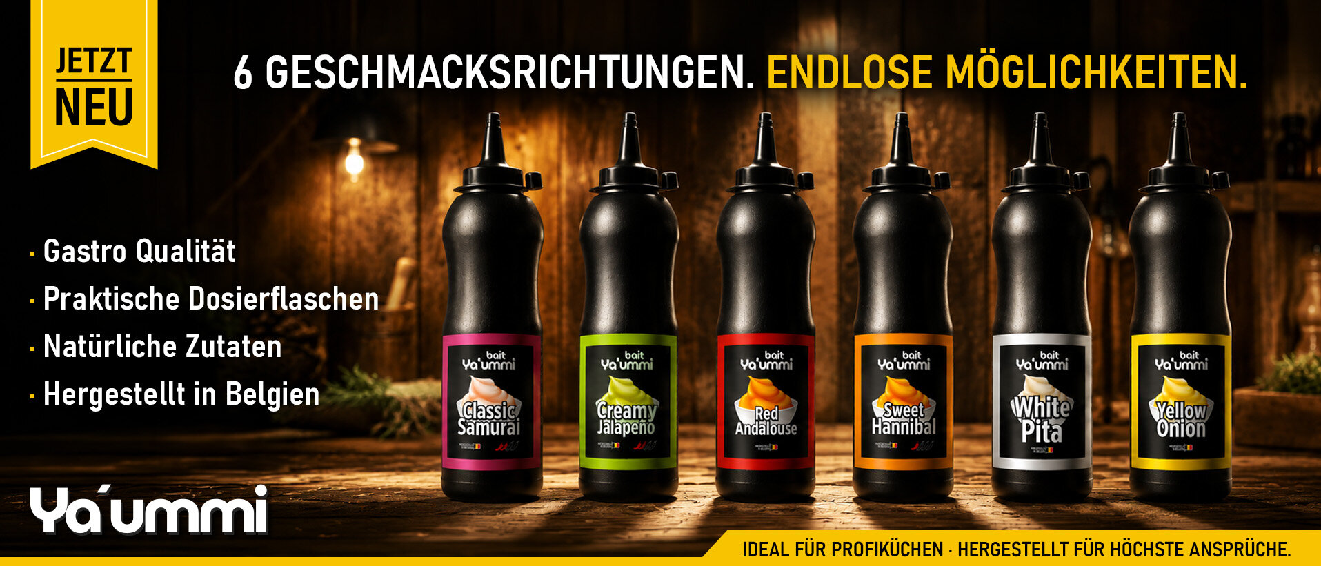 Ya'ummi Gastro-Saucen in sechs Geschmacksrichtungen auf einem rustikalen Holztisch – Premium-Saucen für Gastronomie und Genuss.